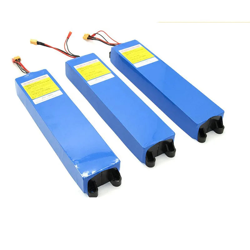 Black 36V lithium-ion electric scooter battery pack showing three capacity options: 6.6Ah, 7.8Ah, and 10.4Ah.