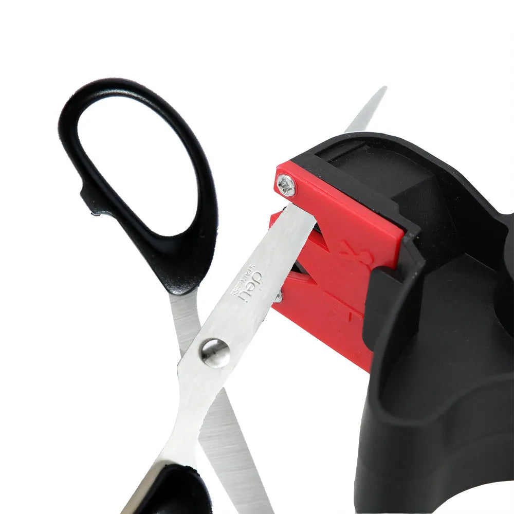 Black handheld knife and scissor sharpener with tungsten steel blade measuring 140mm