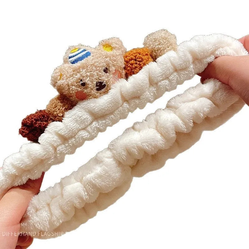 Cartoon cute face wash headband with checkered animal design, available in white, pink, and brown colours
