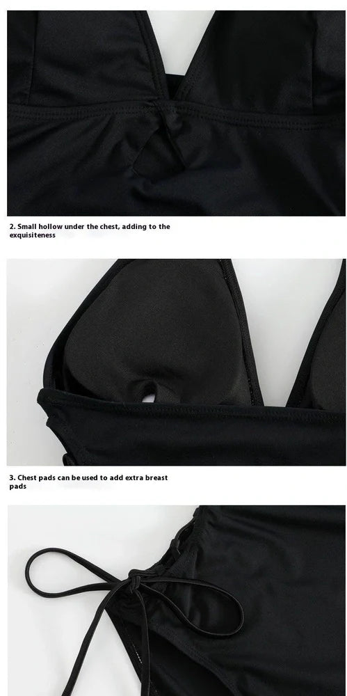 Black women's one-piece swimsuit with V-neck design and hollow straps, polypropylene fibre fabric