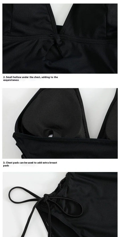 Black women's one-piece swimsuit with V-neck design and hollow straps, polypropylene fibre fabric