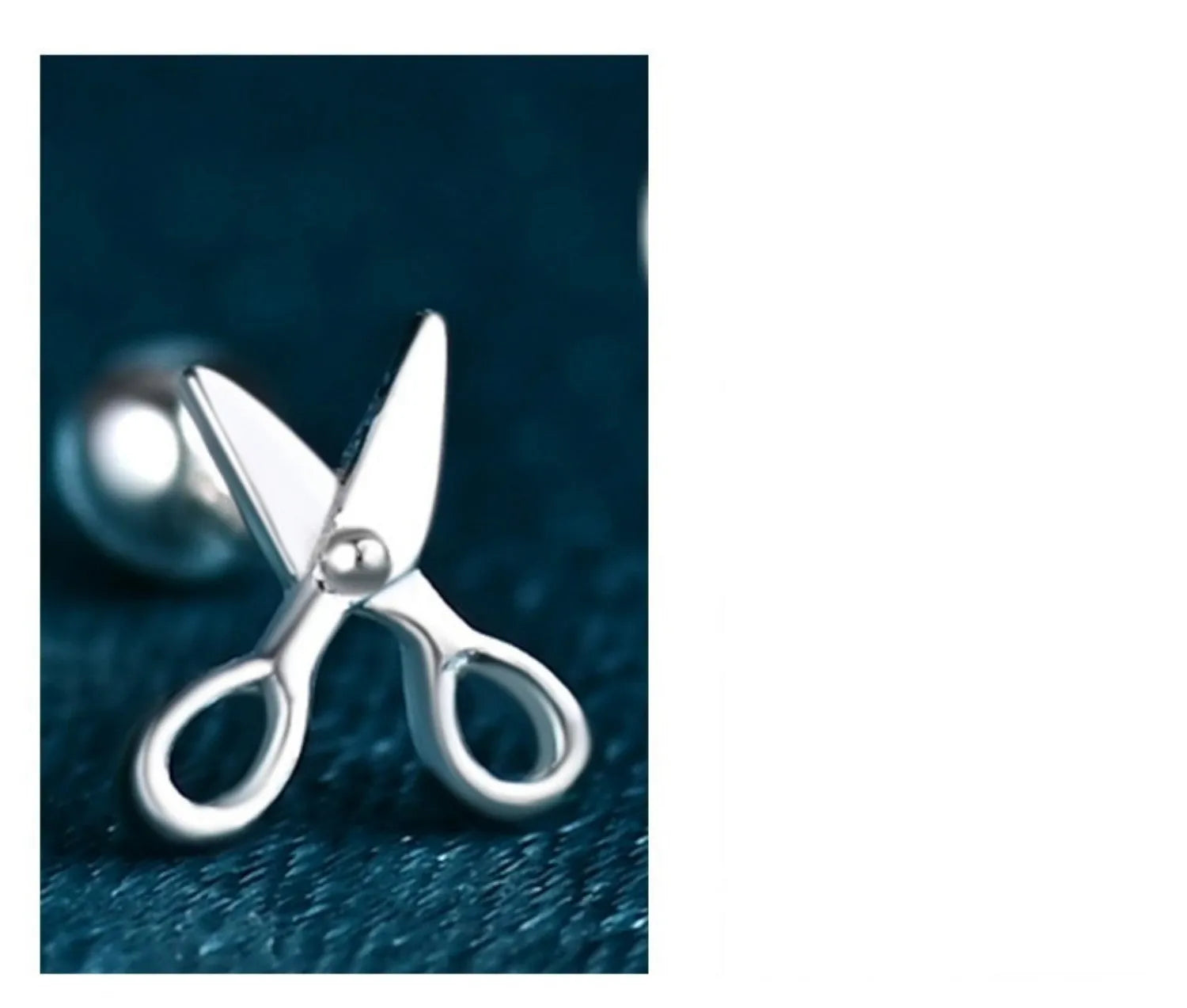 Pure silver ear nail earrings with screw closure and decorative mini scissors charm