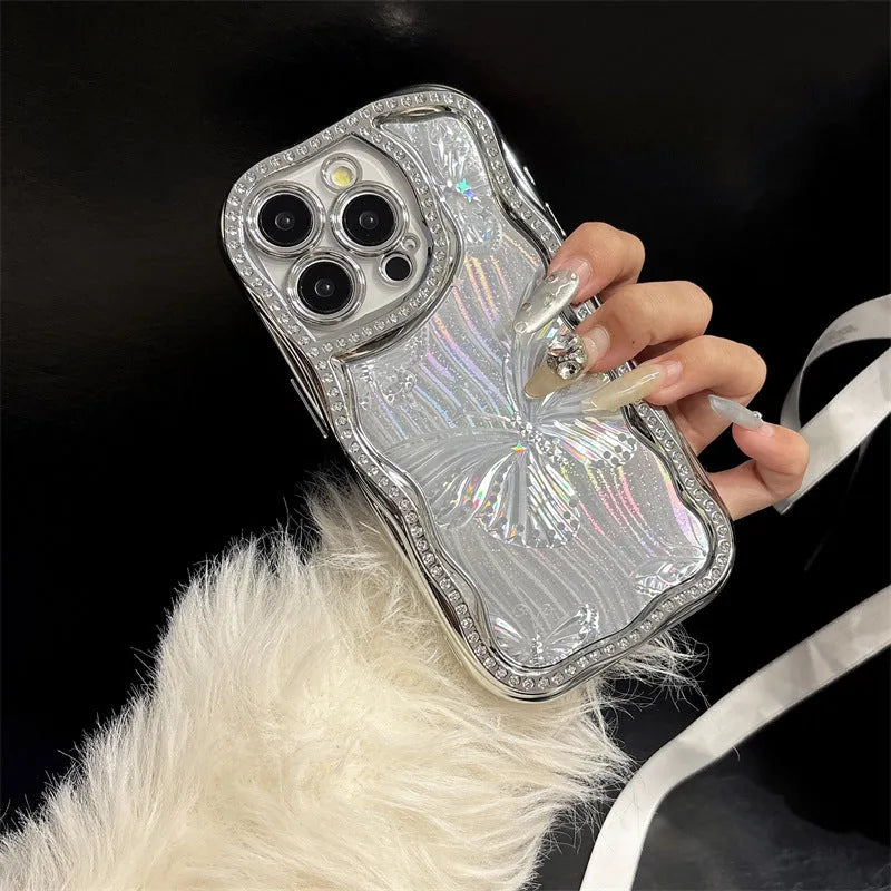 Cream epoxy electroplating diamond edge phone case with laser butterfly design for iPhone