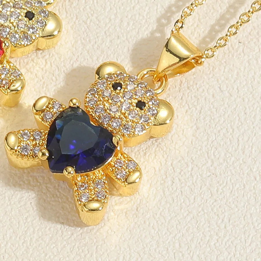 Copper micro inlaid zircon bear love gem necklace in green on adjustable chain for women