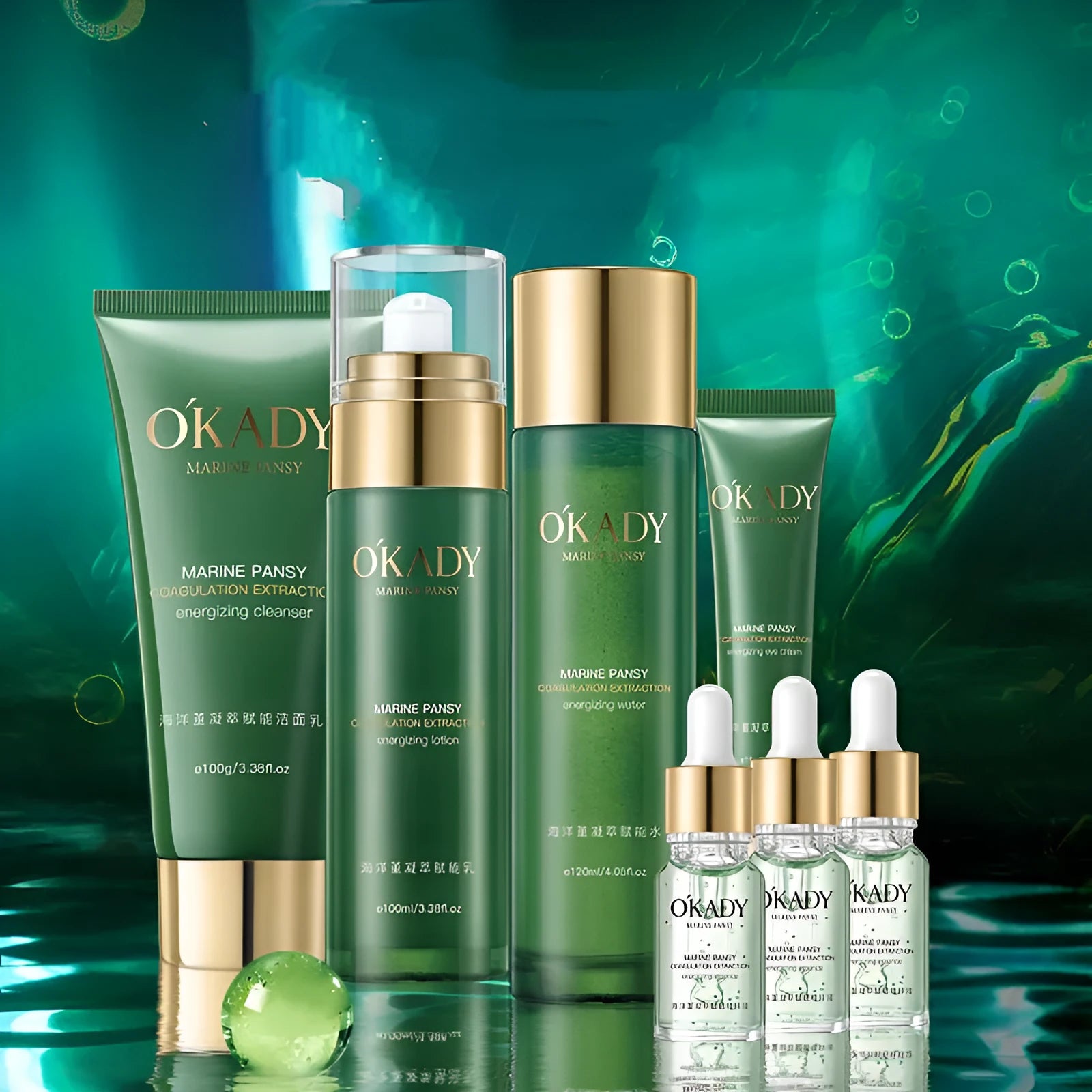 Marine Aloe Vera Energising Soothing Seven-Piece Skin Care Set with day and night cream, whitening essence, and freckle cream in gift box