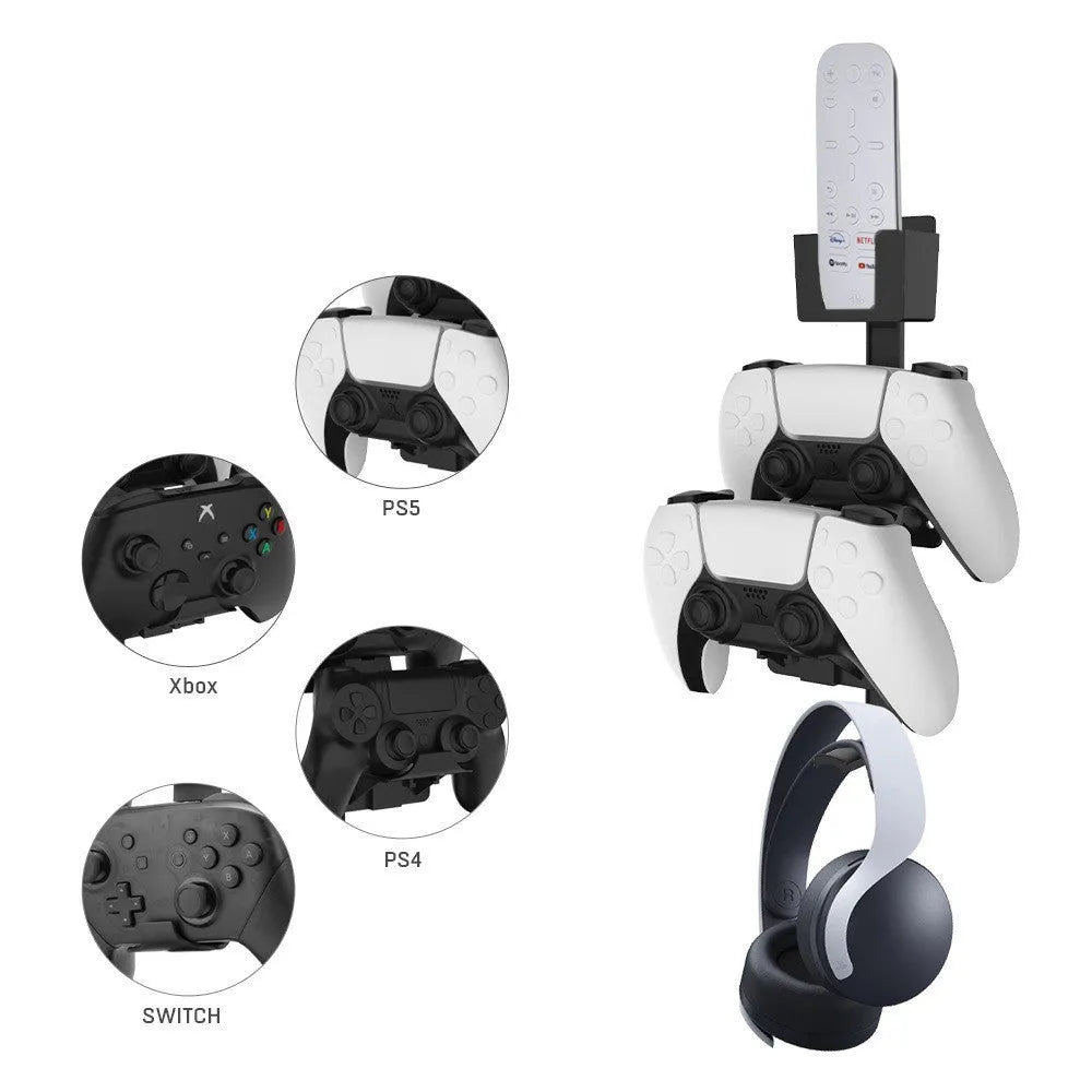 White and black wall-mounted plastic storage hook for gaming remote controls and headsets.