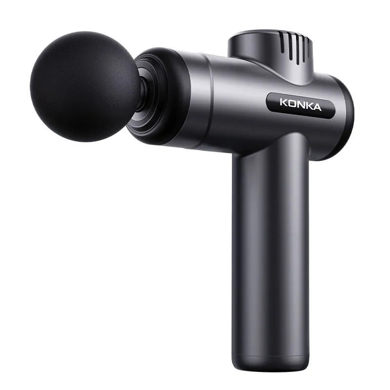 Konka grey mini electric massage gun with six different coloured massage heads on a table.