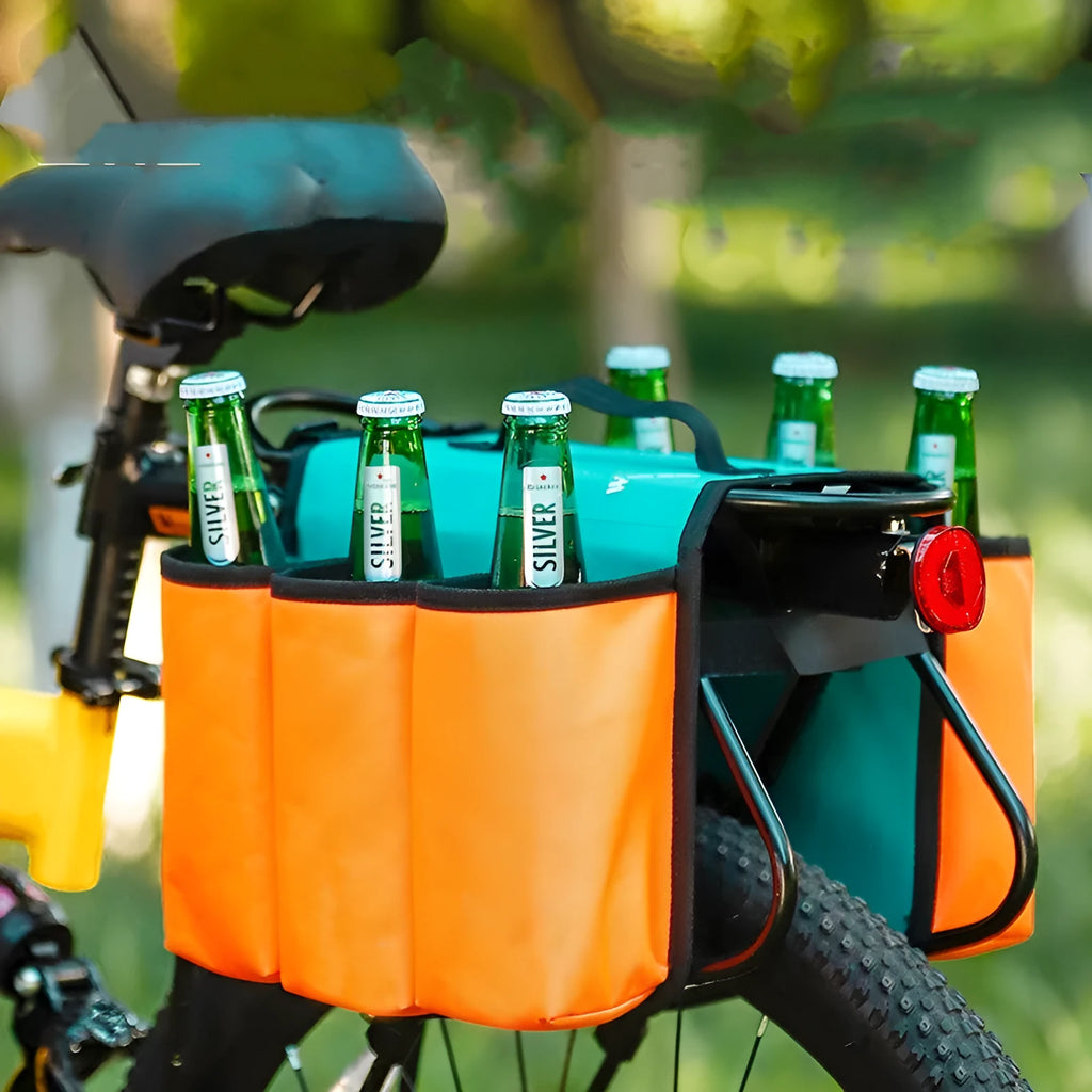 Black and orange bicycle handlebar drink bag with 2-litre capacity and anti-scratch design.