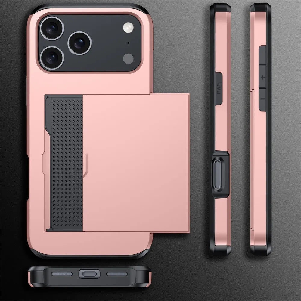 Army Green iPhone case with a sliding card pocket open, showing card insertion.