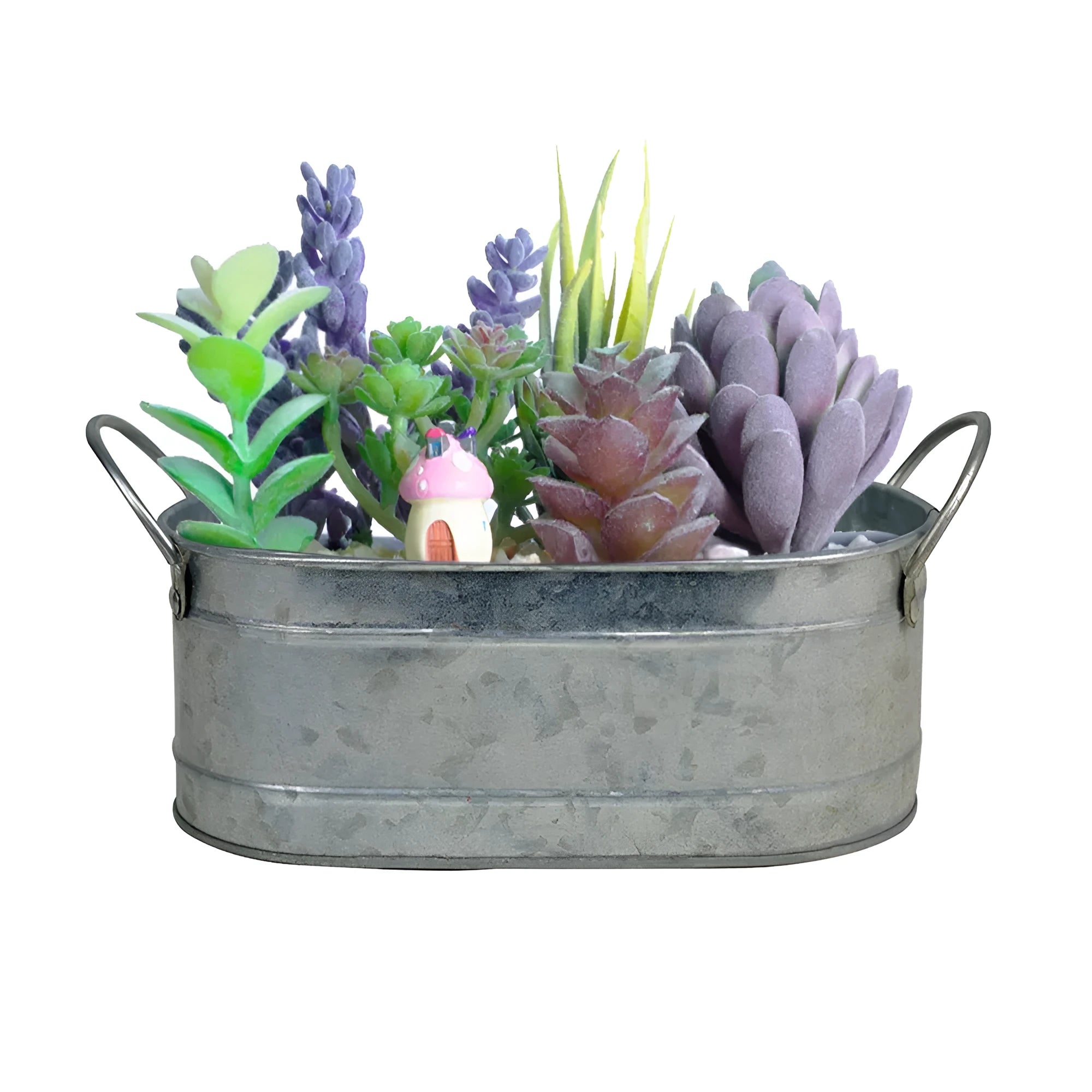 Iron sheet succulent flowerpot in a desktop style on a wooden surface.
