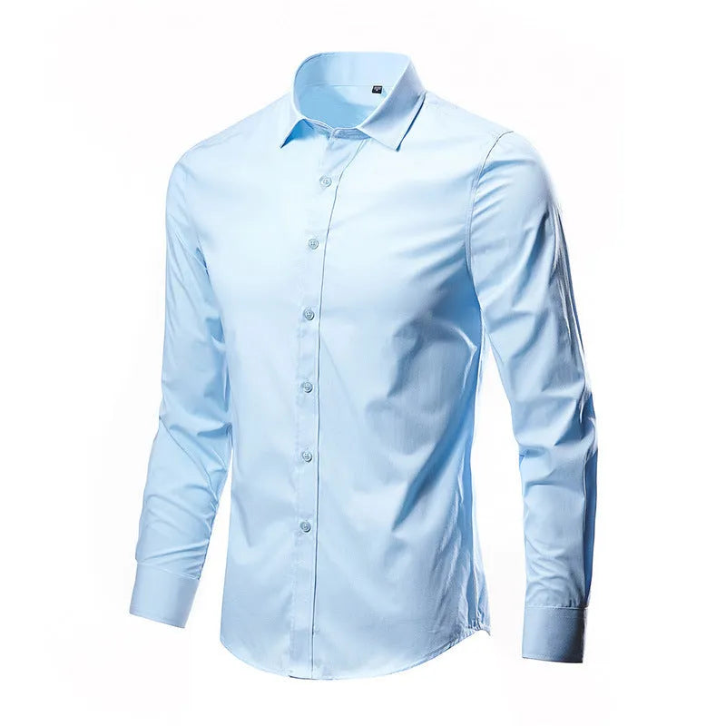 Men's slim fit long sleeve linen shirt in a choice of colours on a hanger.