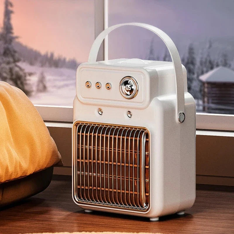 A modern, white electric heater and humidifier with a control panel and mist output