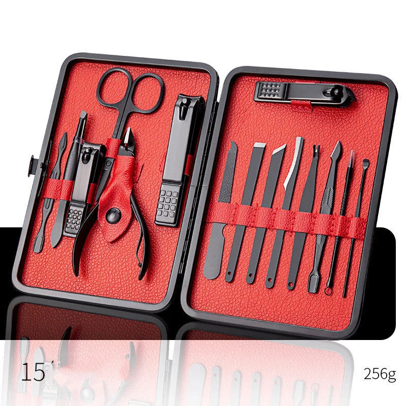 Professional Nail Care Set with stainless steel tools in a leather case