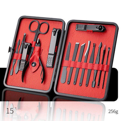 Professional Nail Care Set with stainless steel tools in a leather case