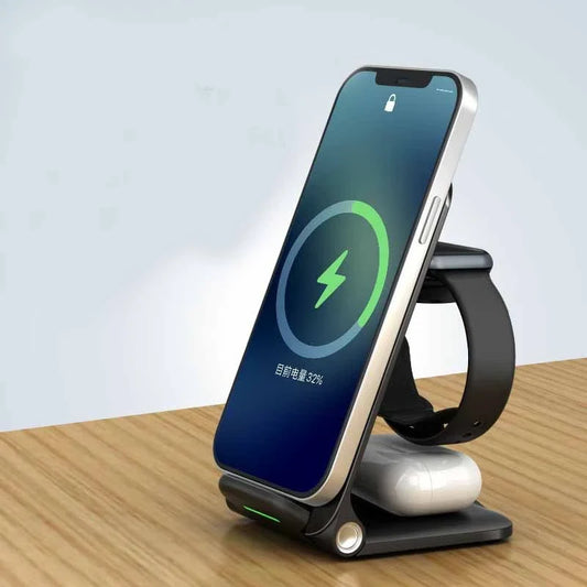 3-in-1 wireless charging station with adjustable angle and foldable design for clutter-free desk setup