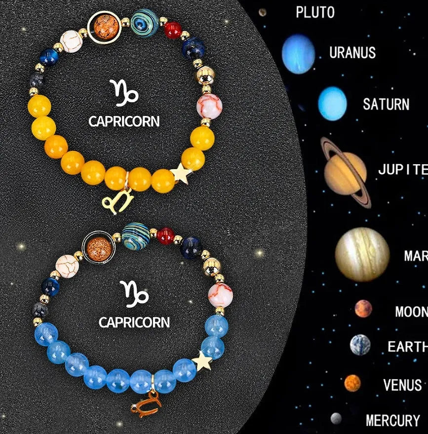 Set of twelve natural stone beaded bracelets for each zodiac sign laid out flat.