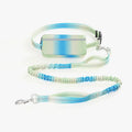 Blue hands-free adjustable dog leash with waist belt, shown extended to full length.