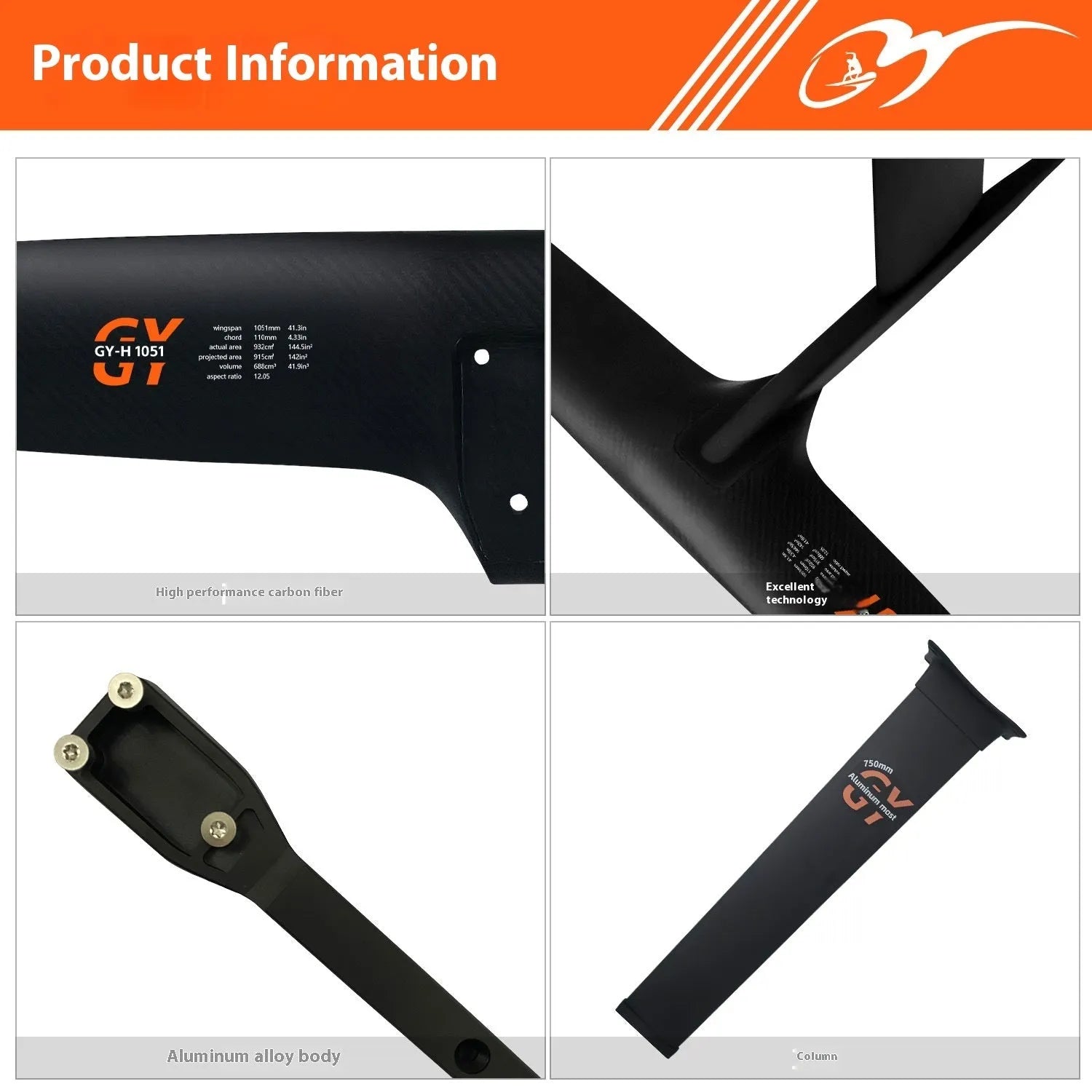 Black carbon fibre hydrofoil surfboard with aluminium racing wing