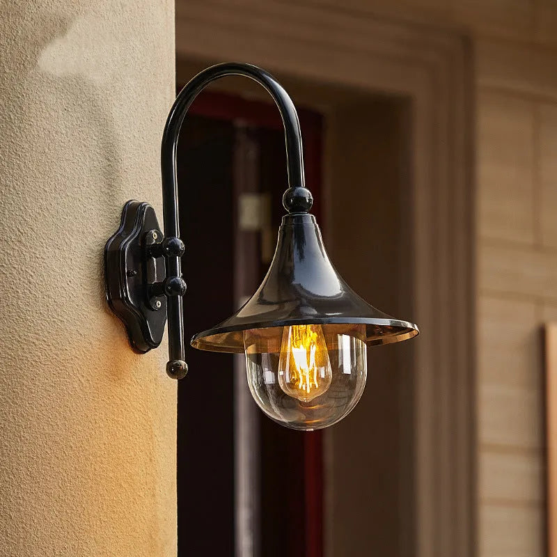 Horn-shaped outdoor wall lamp in aluminium with warm light, designed for gates, balconies, and garden walls