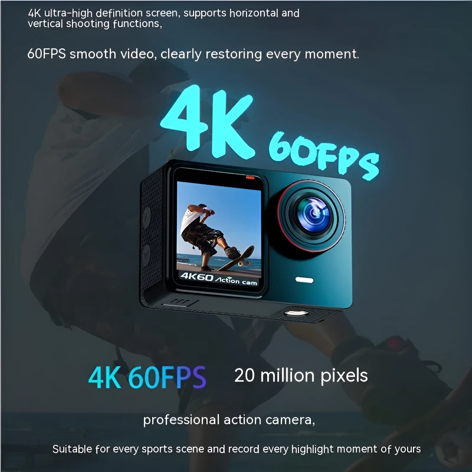 True 4K action camera with waterproof housing, ABS body, and dual-colour screen for outdoor sports