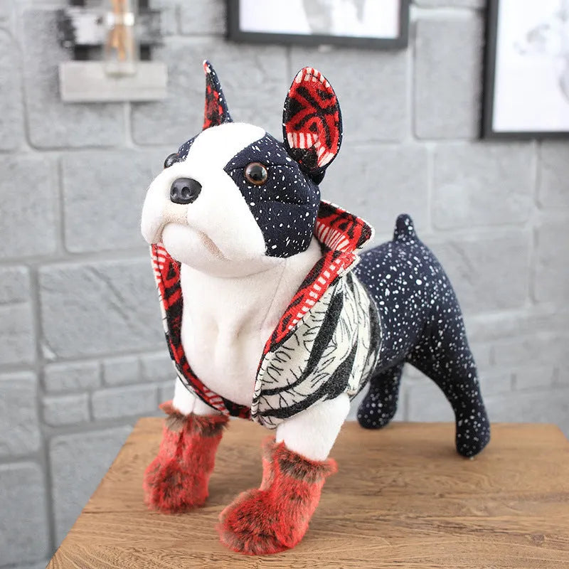 Dressing artificial dog plush toy with mink fur, Bulldog breed, medium size 40-45cm, on white background