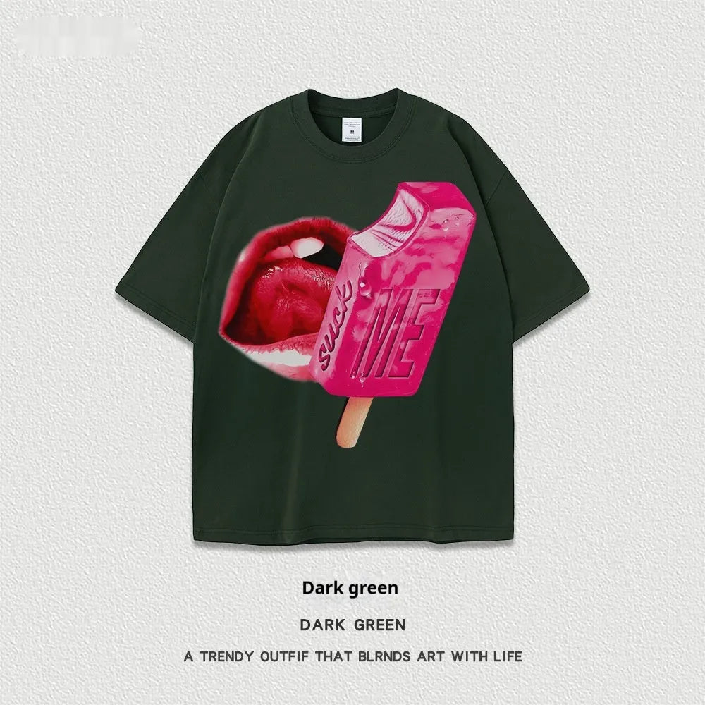 Loose fit heavy washed cotton T-shirt with a cartoon print, shown in multiple colour options.