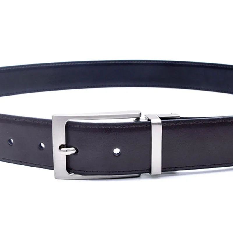 Men's brown and black genuine leather belt with rotating alloy pin buckle showing length options