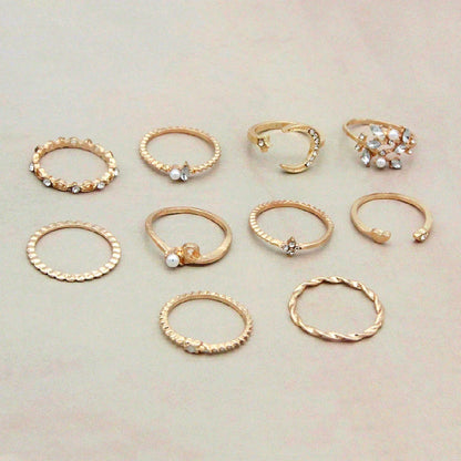 Bohemian Fashion Star Moon Love Pearl Leaf 10-Piece Ring Set in gold