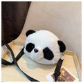 Soft plush panda head design cylindrical crossbody messenger bag with a sandwich pocket.