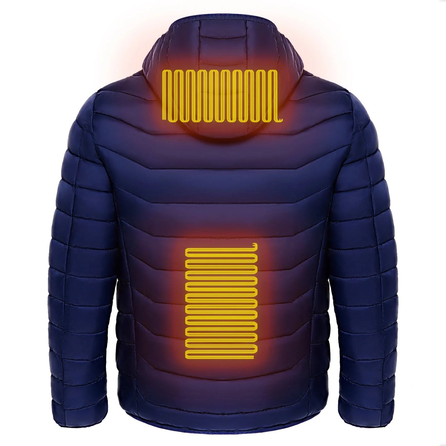 Men's electric heated puffer jacket with insulated hood for skiing