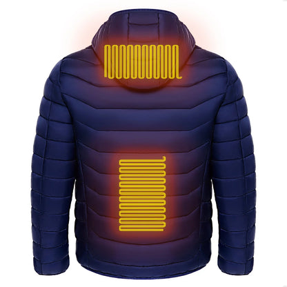 Men's electric heated puffer jacket with insulated hood for skiing