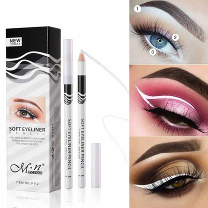 Box of 12 white eyeliner pencils showing waterproof formula and high gloss finish