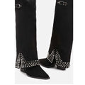 Women's black frosted rivet pantyhose boots with a suede-look upper and rubber sole.