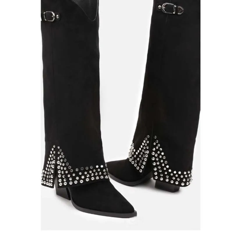 Women's black frosted rivet pantyhose boots with a suede-look upper and rubber sole.