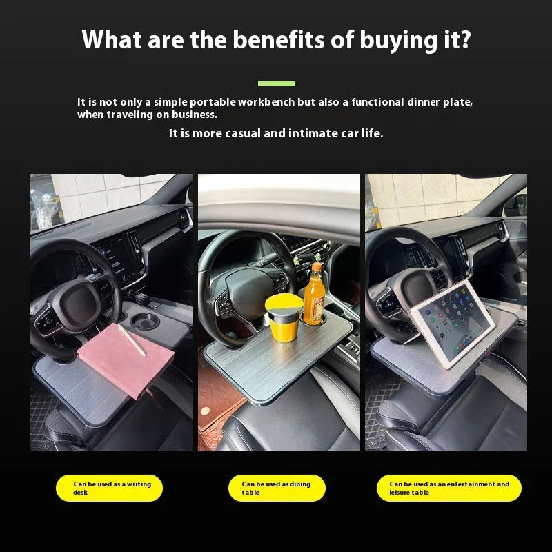 Car steering wheel laptop stand with table tray and foldable cup holder in matte black finish