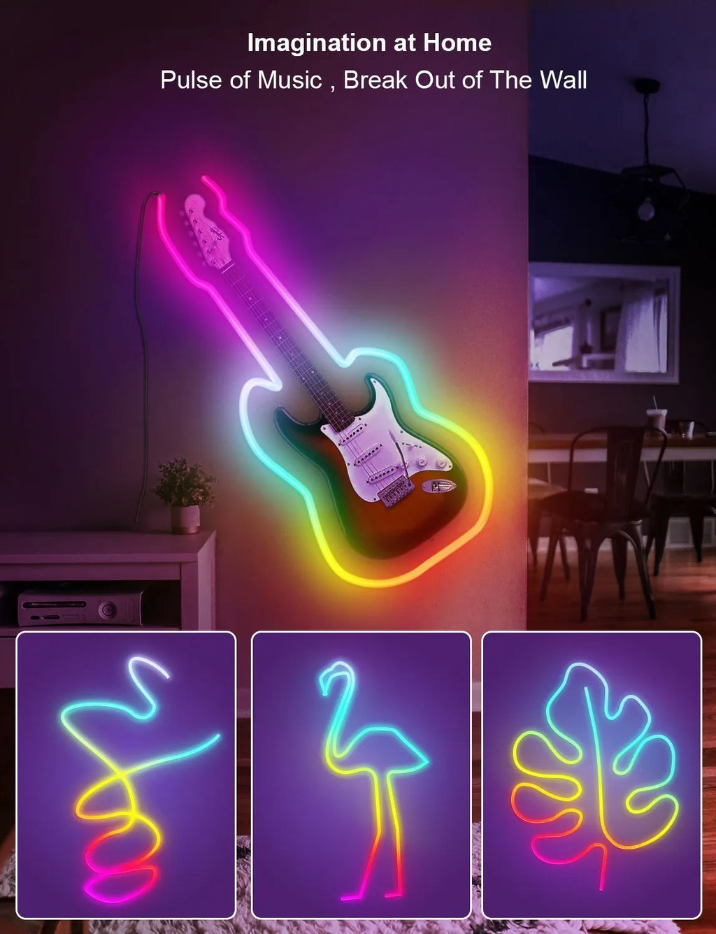 3-metre long flexible USB RGB neon LED light strip with remote control on a white background.