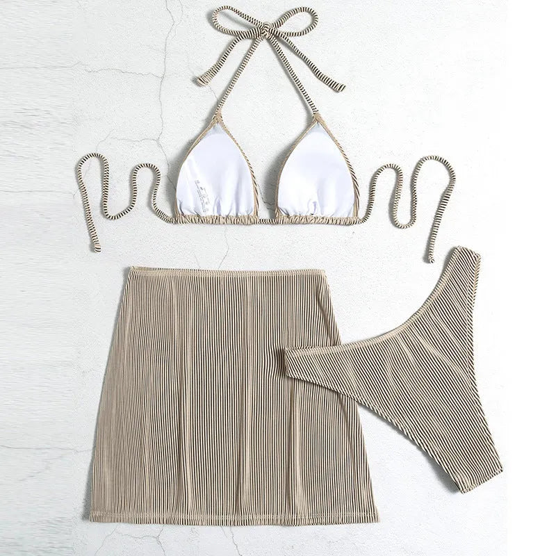 Three-piece ribbed fabric bikini swimsuit set on a hanger