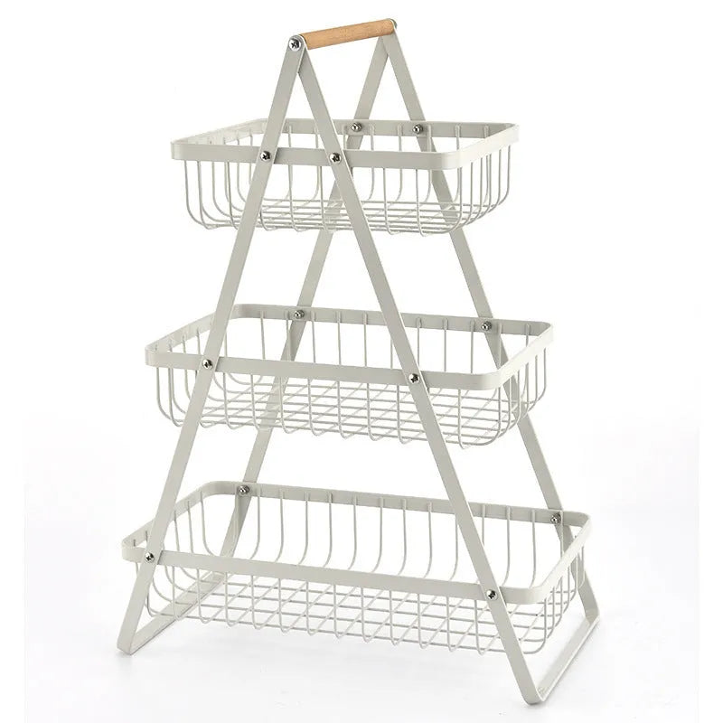 Black iron double-layer fruit basket with a wooden handle, shown with layers detached
