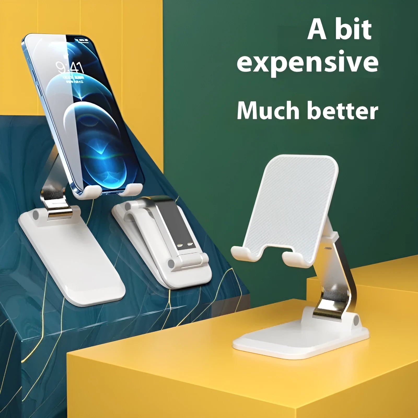 Q7 weighted portable folding desktop stand in four colour options holding mobile phone