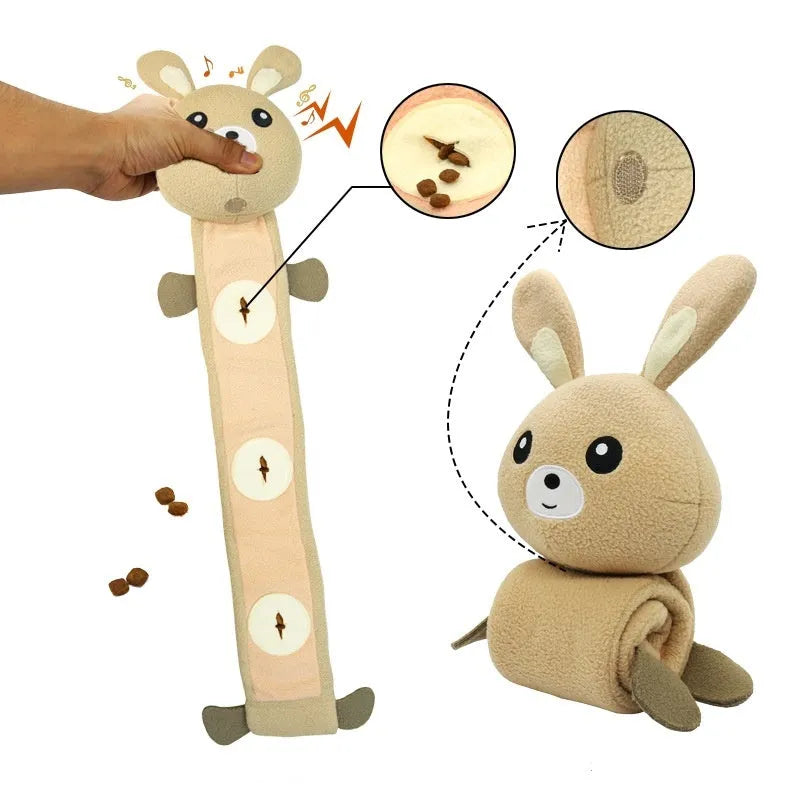 Plush fleece rabbit dog training toy with food compartments and squeaker, measuring 650mm in length