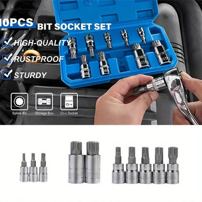 10-piece XZN triple square 12-point spline bit socket set with sizes 4mm to 18mm in a hard plastic case