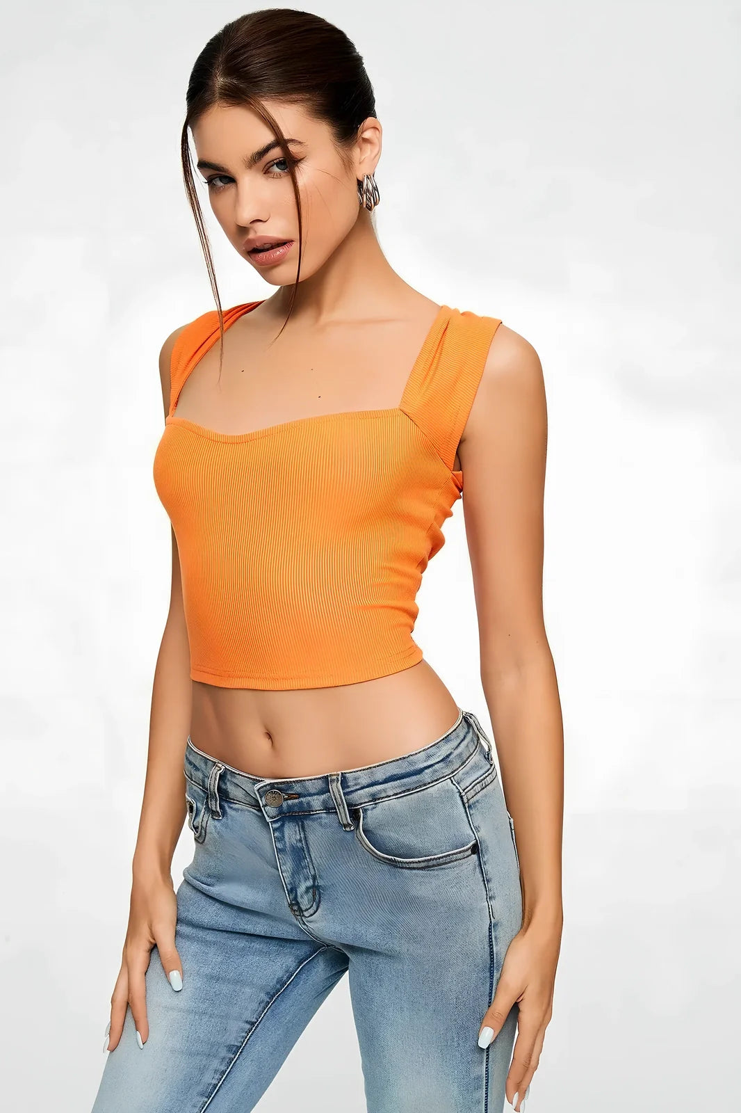 Black ribbed sleeveless crop top with sweetheart neckline, 90% polyester 10% spandex, sizes XS-XL