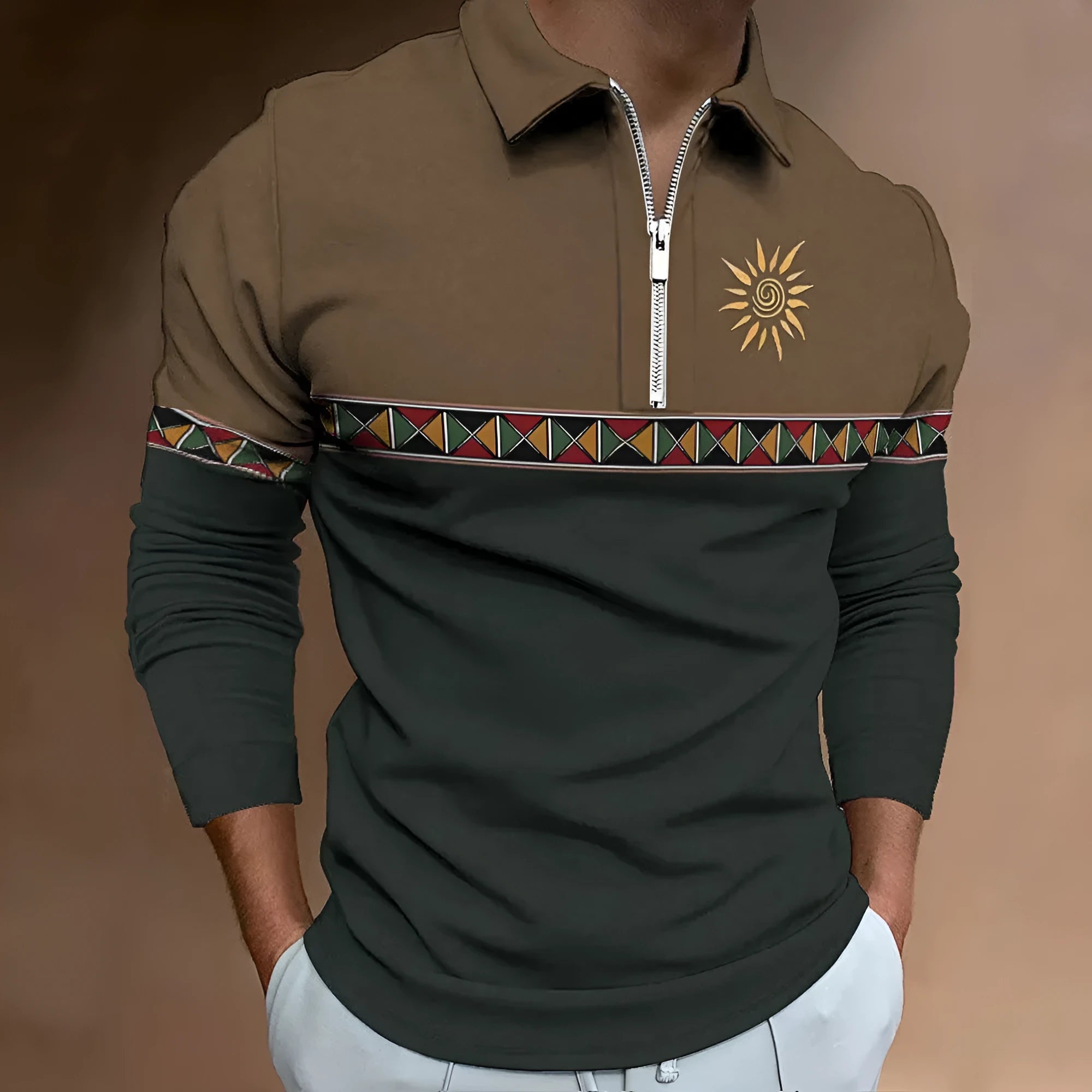 Men's retro colour print golf t-shirt with striped bird eye cloth fabric and zipper decorations