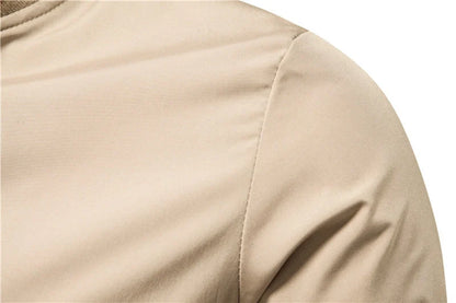 Men's striped zip-up jacket in army green, black, navy, and khaki with multiple pockets