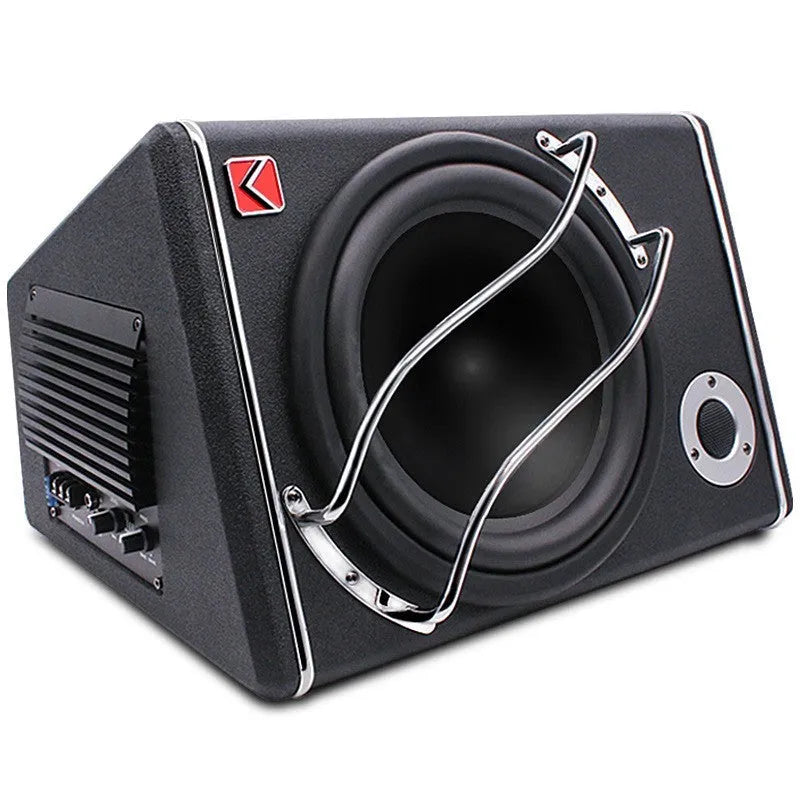 10-inch car subwoofer in MDF enclosure with PVC leather finish for 12V vehicle audio refit