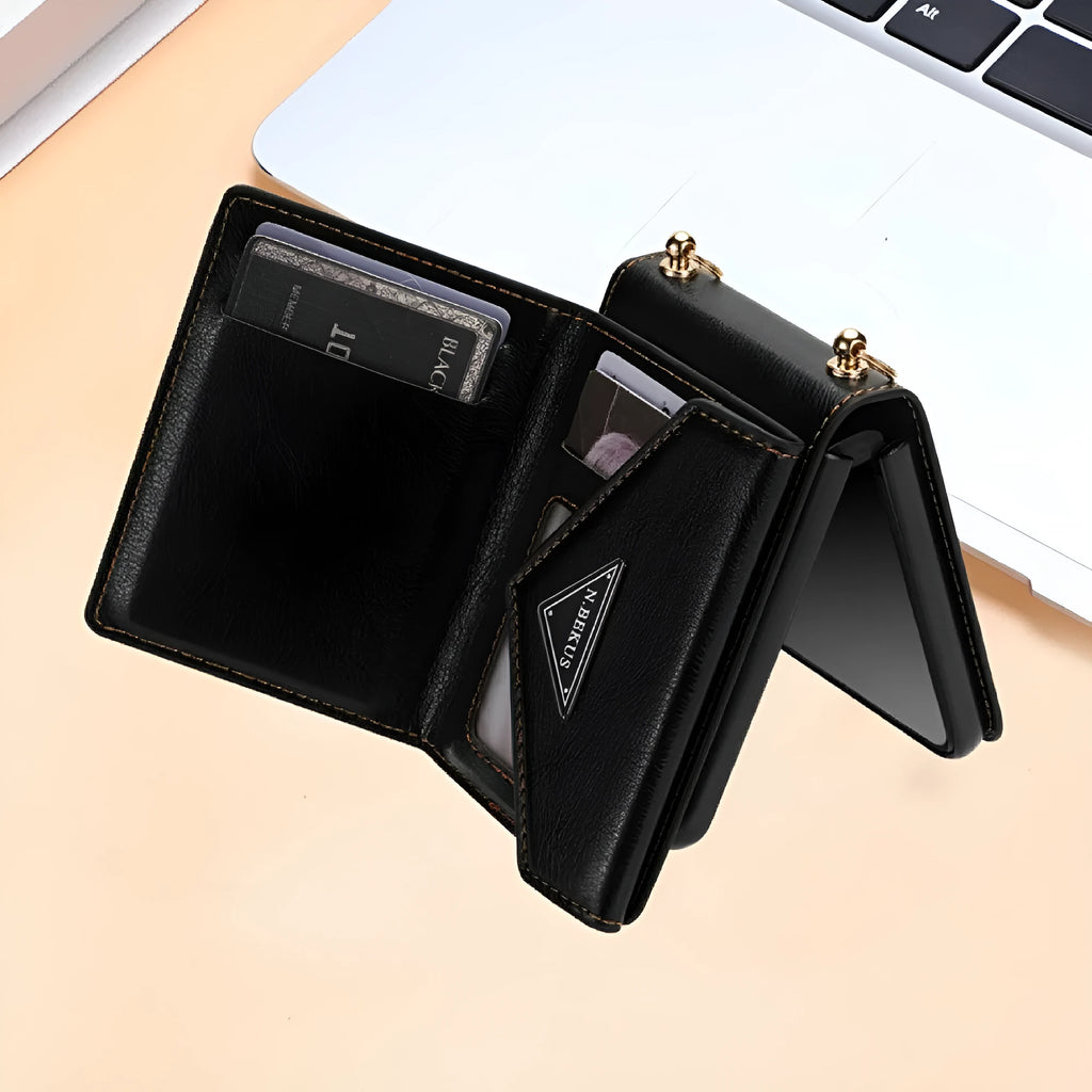 Samsung Z Flip5 side zipper card holder phone case in black with kickstand and card pocket