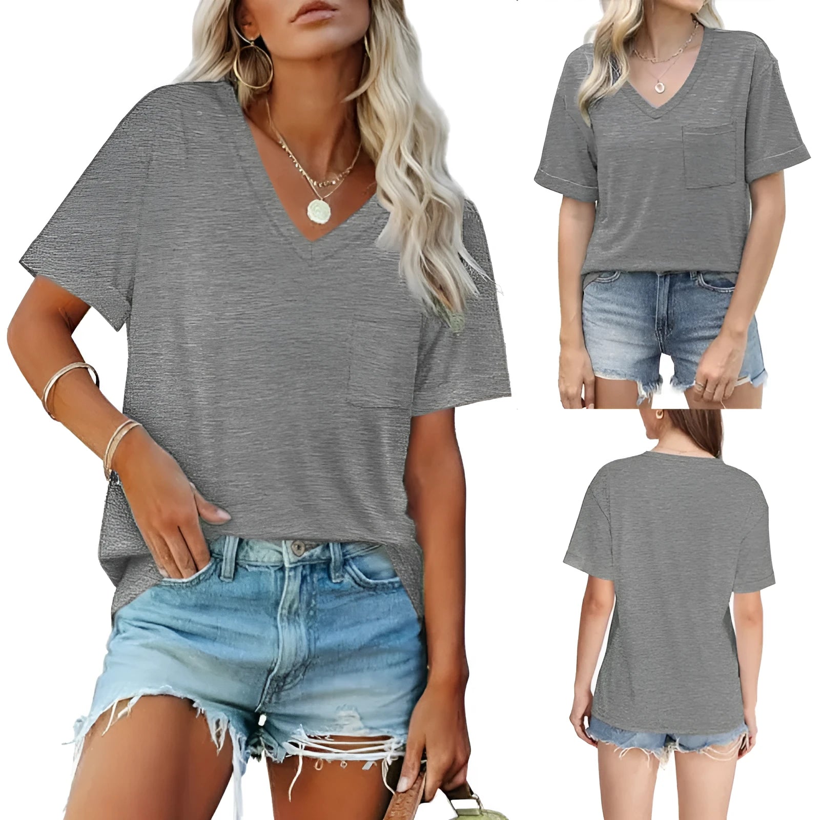 Grey loose fit V-neck T-shirt with a chest pocket on a plain background.