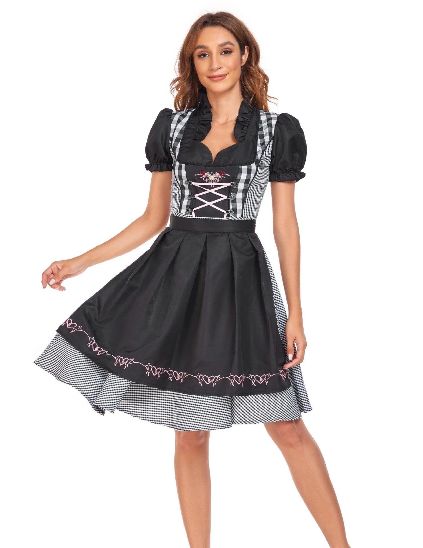 Women's Oktoberfest ethnic dress in red denim with apron and ribbon, sizes S to XXL