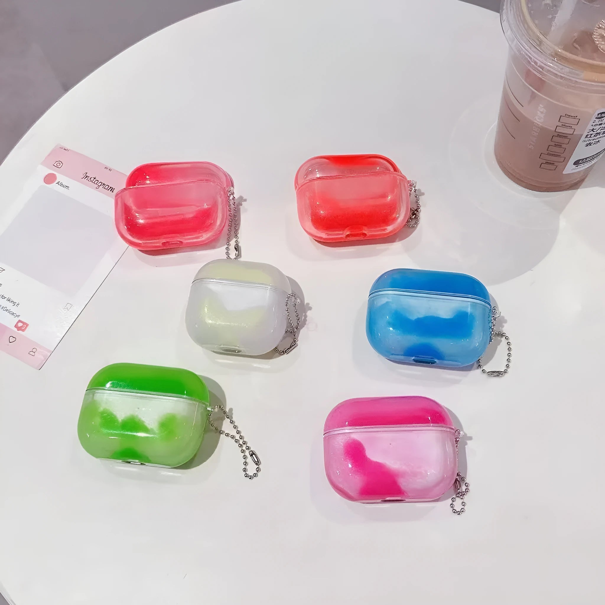 Fluorescent quicksand liquid luminous TPU earphone case for Apple AirPods with climbing carabiner clip in pink