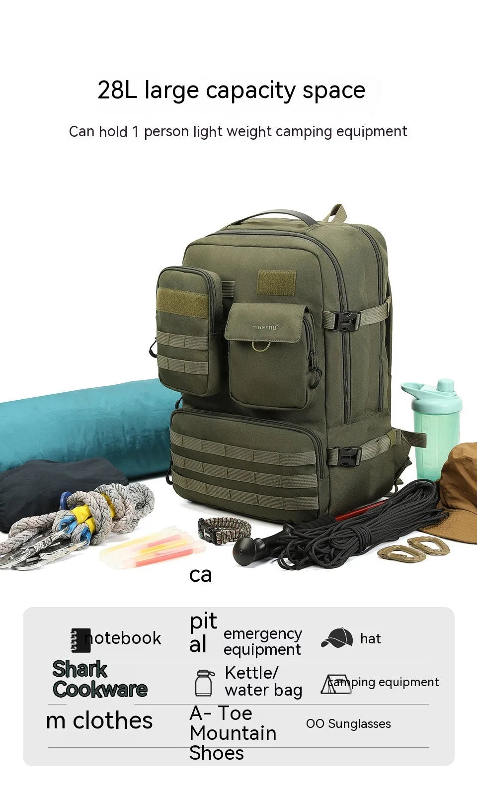 Army green tactical backpack with waterproof nylon construction showing front compartments